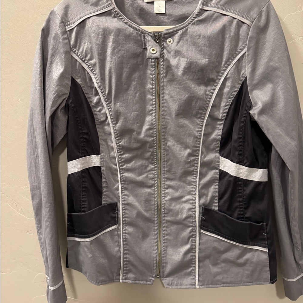 Christopher & Banks Metallic Gray Black Moto Windbreaker Jacket Size Medium